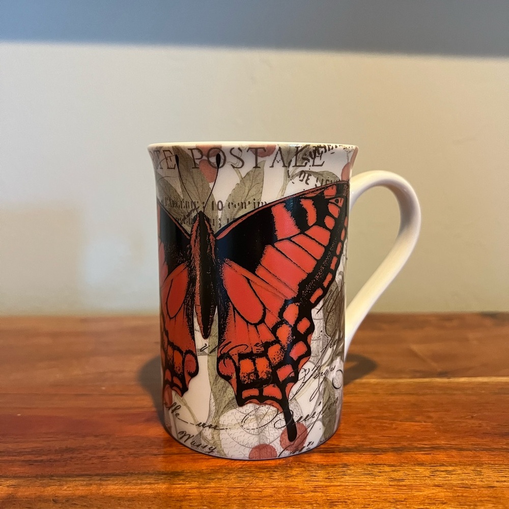 Linda Maron Bird Butterfly Design Coffee Mug With Floral Pattern